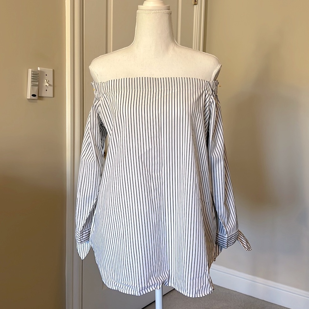 Off the shoulder blue and white striped blouse